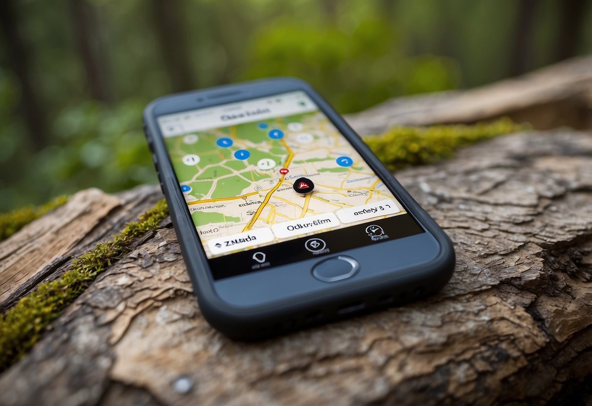 A smartphone with a geocaching app open, showing a map with various geocache locations pinned, surrounded by nature and outdoor elements