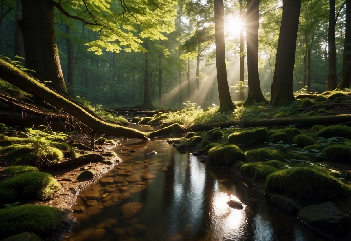 A serene forest clearing with a hidden cache nestled among the roots of a towering tree. The sun filters through the leaves, casting dappled shadows on the forest floor. A small stream trickles nearby, adding to the peaceful ambiance