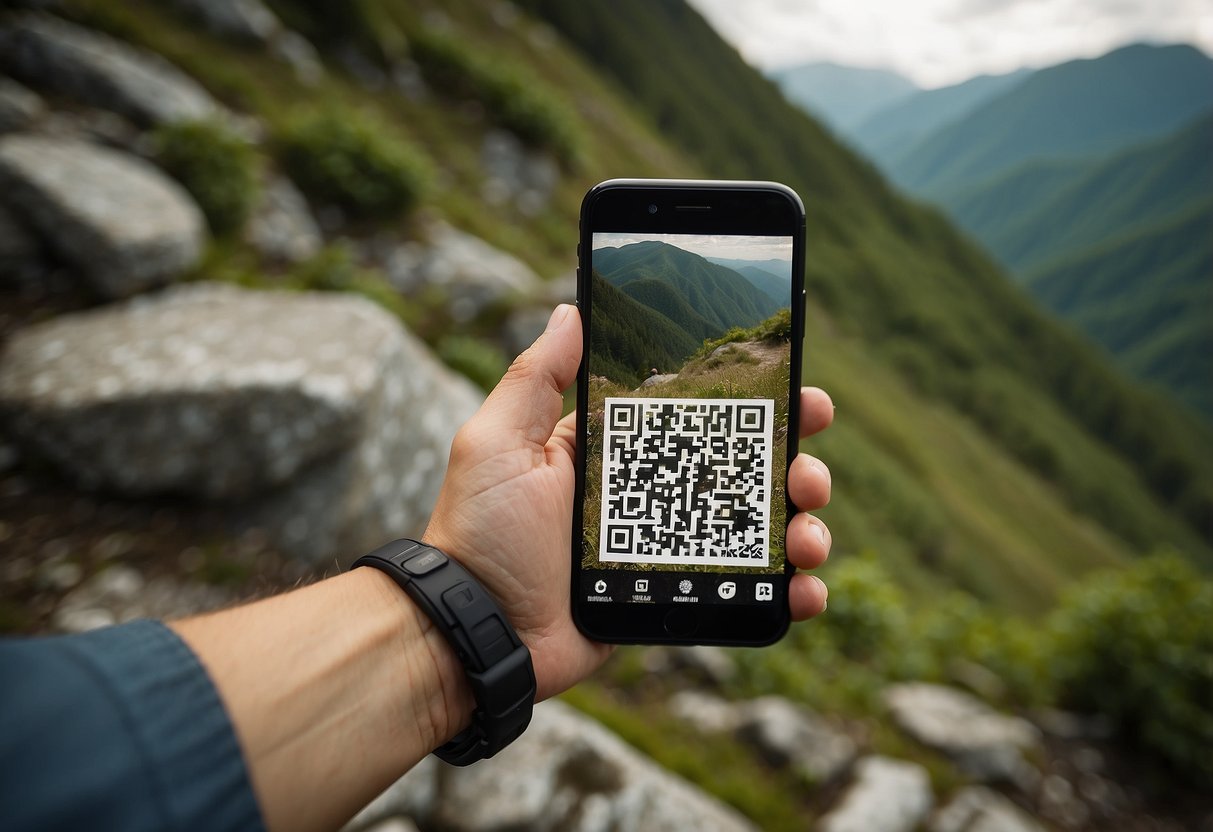 A person using a smartphone to scan a QR code on a geocaching spot sign, surrounded by diverse terrain and natural features