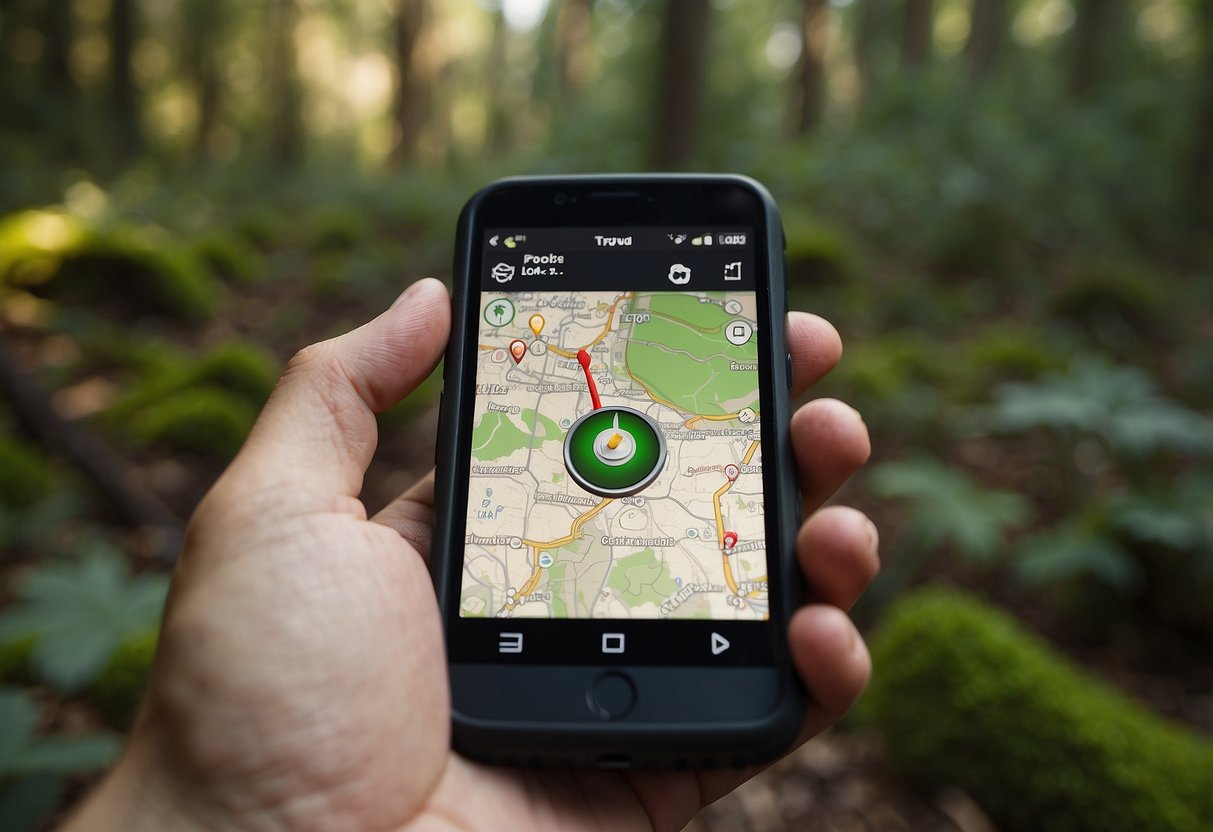 A person's hand holding a geocaching log, surrounded by nature with a GPS device and a compass nearby. The log shows tips for finding the perfect geocaching spot