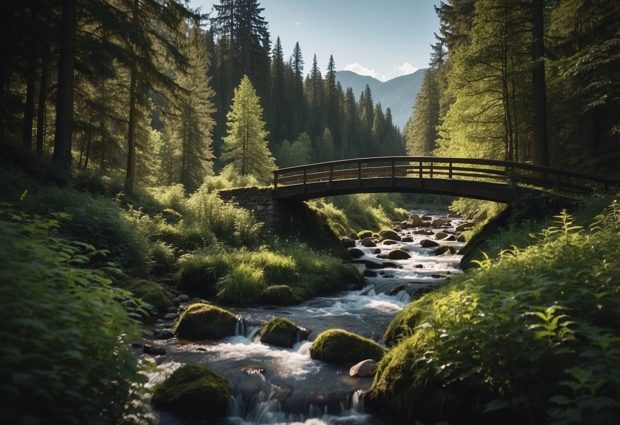 A lush forest with a winding stream, hidden among tall trees. A small bridge crosses the water, leading to a clearing with a view of the mountains