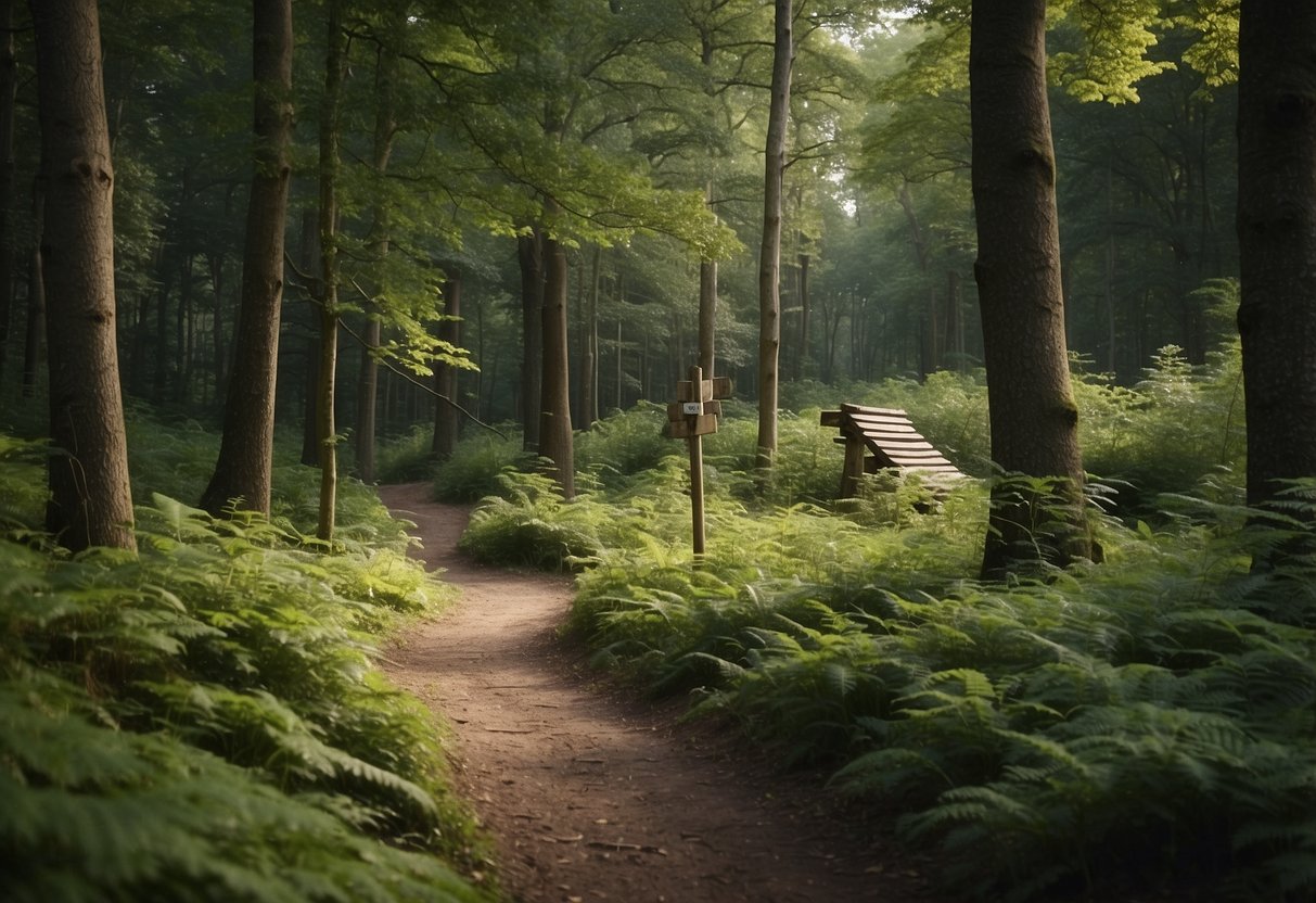 A serene forest with a winding trail leading to a hidden geocaching spot. A signpost with safety tips stands nearby. Trees and foliage surround the area, creating a peaceful and secluded atmosphere