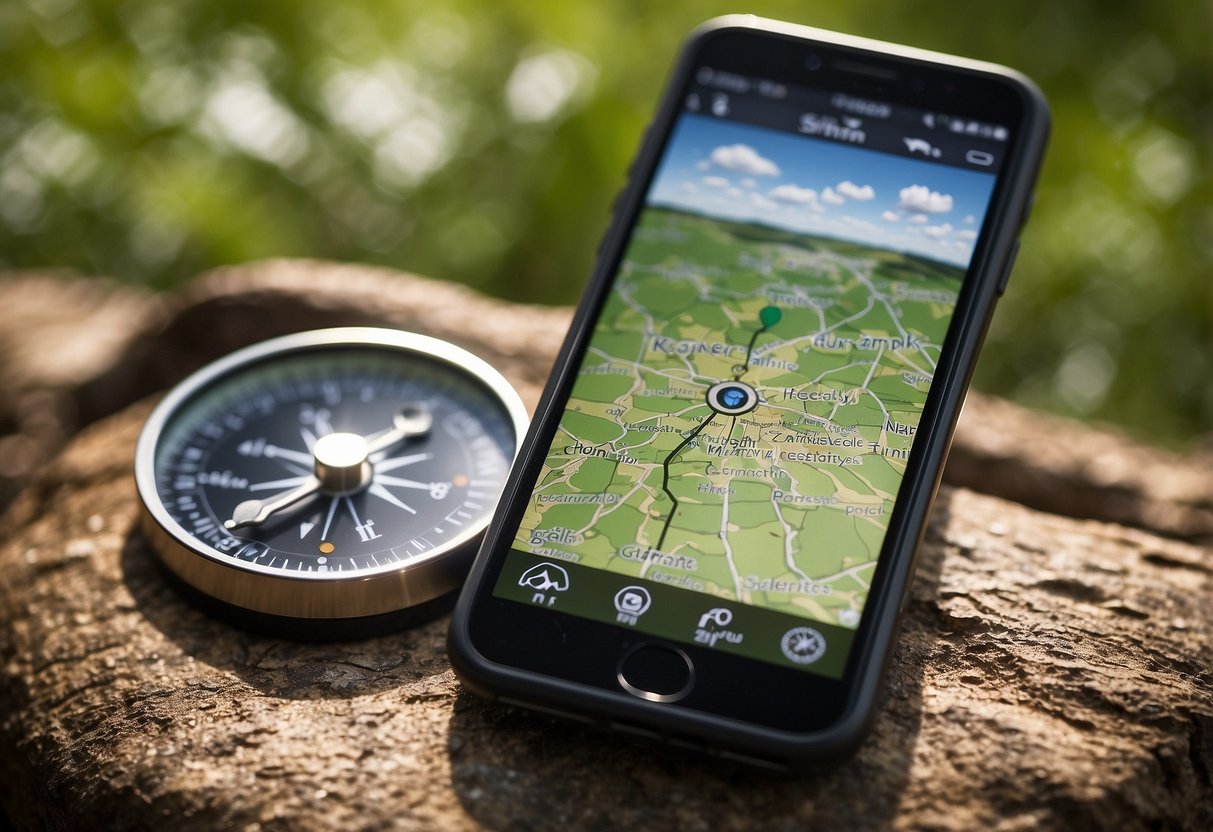 A map with geocaching coordinates sits next to a smartphone displaying weather forecasts. A compass and magnifying glass are nearby, surrounded by nature