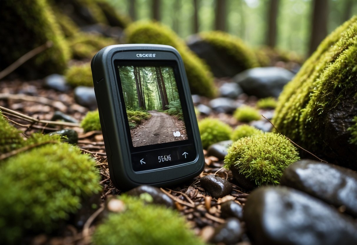 A lush forest with a hidden treasure box nestled among rocks and foliage. A GPS device and map nearby, showcasing the thrill of geocaching