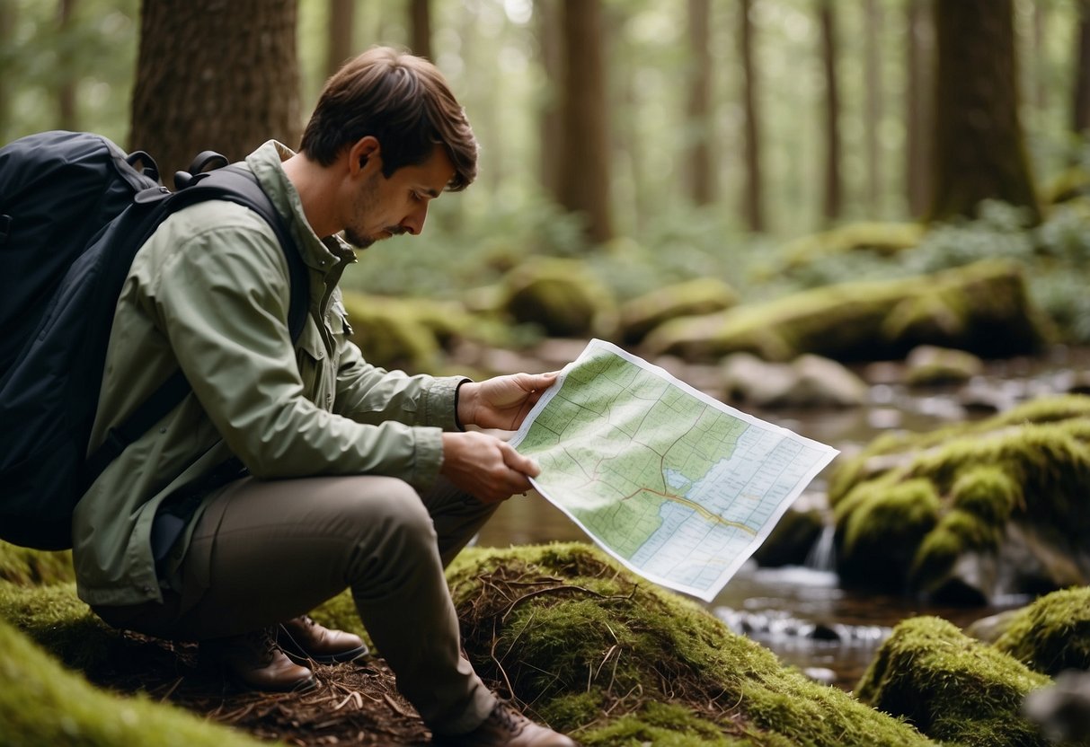 A person using a map and GPS device to search for hidden geocaching spots in a forest clearing, surrounded by trees and a small stream