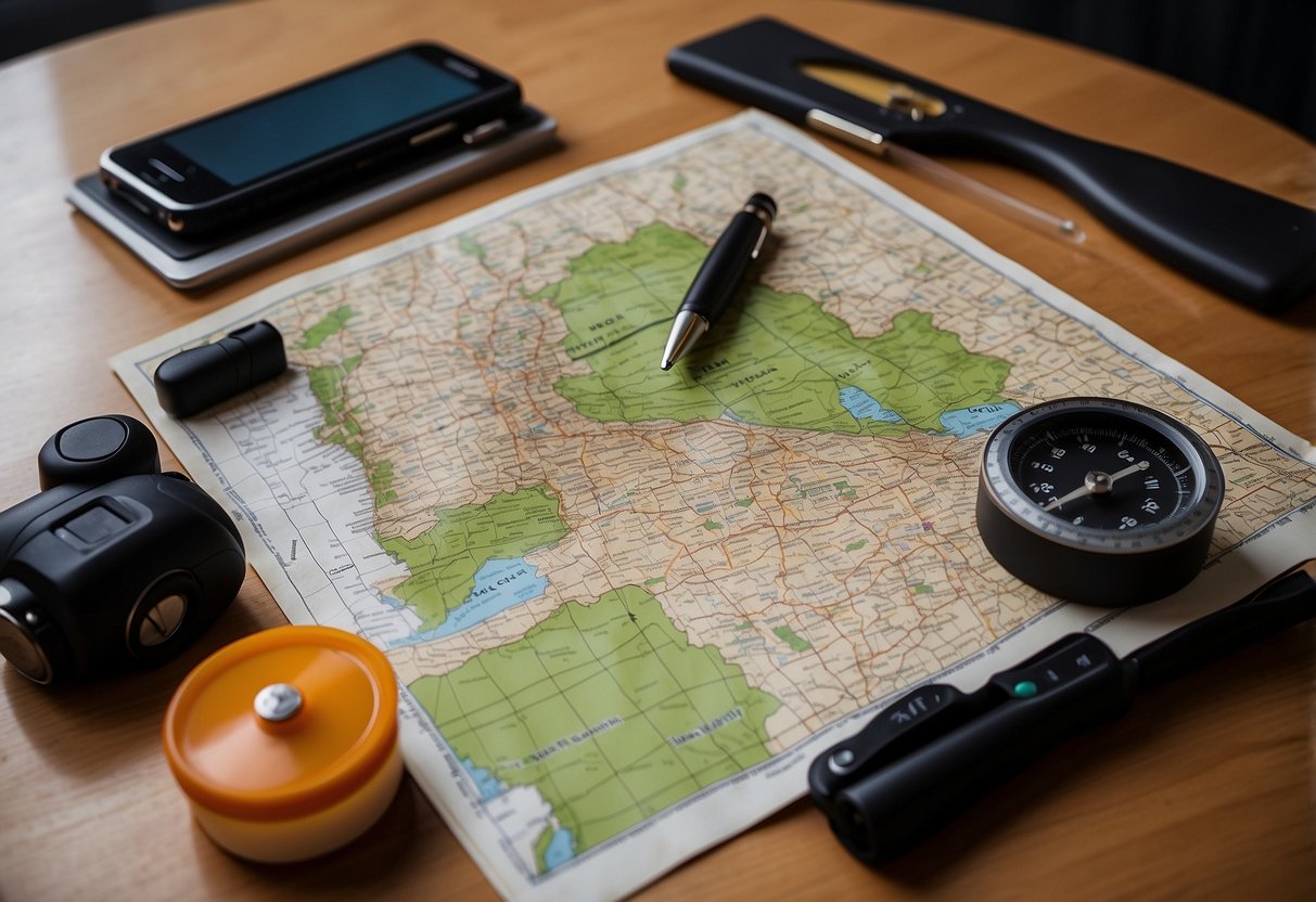 A map with various terrain types, GPS device, notebook, pen, compass, and a checklist of geocaching criteria spread out on a table