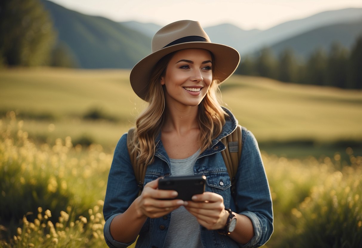 A sunny outdoor scene with a woman wearing a lightweight geocaching hat, surrounded by nature and holding a GPS device