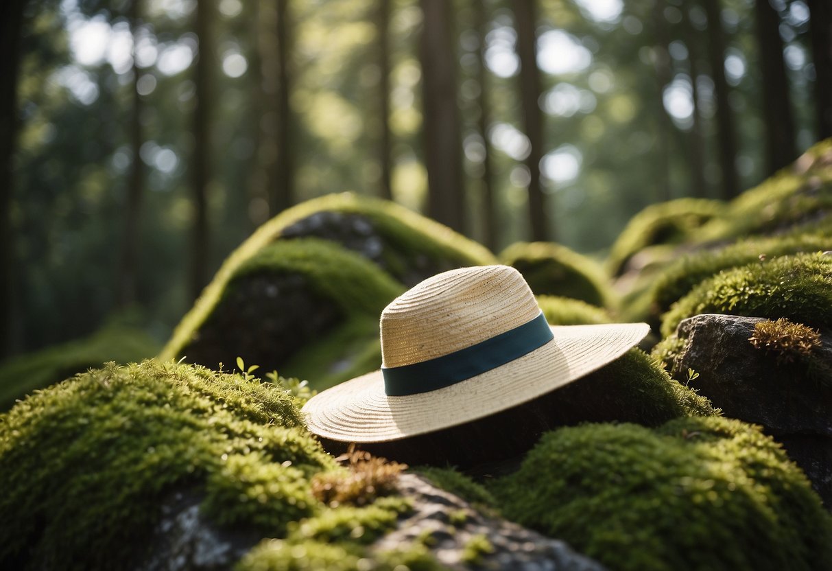 A woman's sun hat rests on a moss-covered rock, surrounded by trees and a hint of a trail in the background