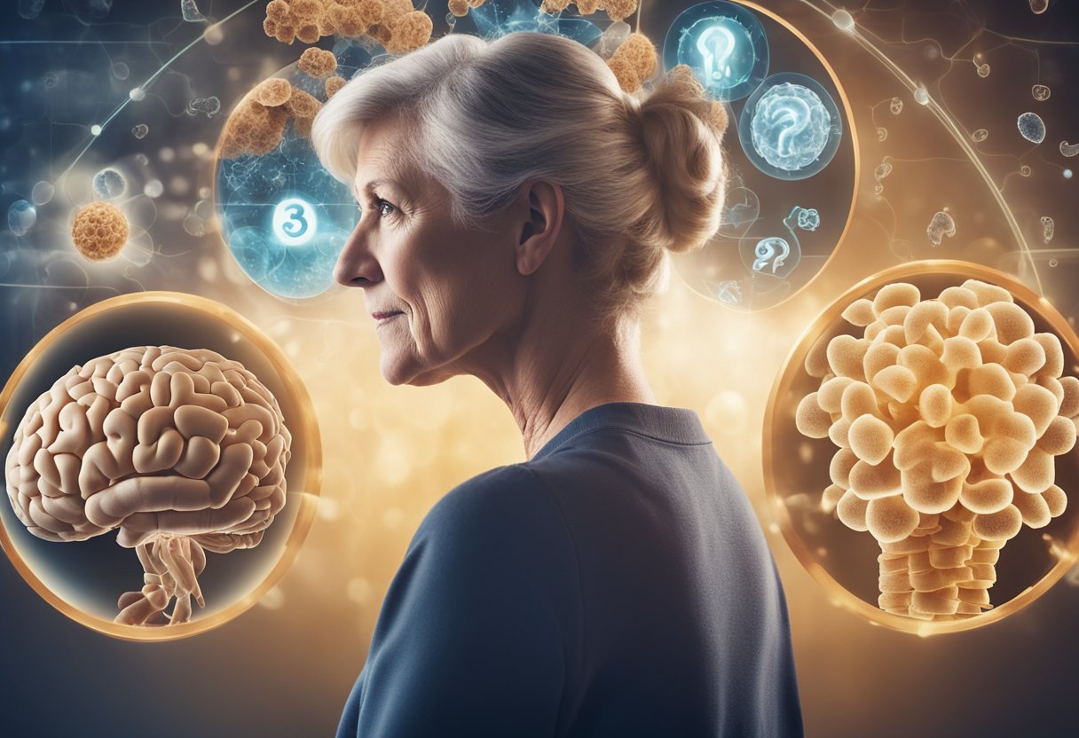 A woman in menopause with a question mark over her head, surrounded by images of healthy gut bacteria and digestive system