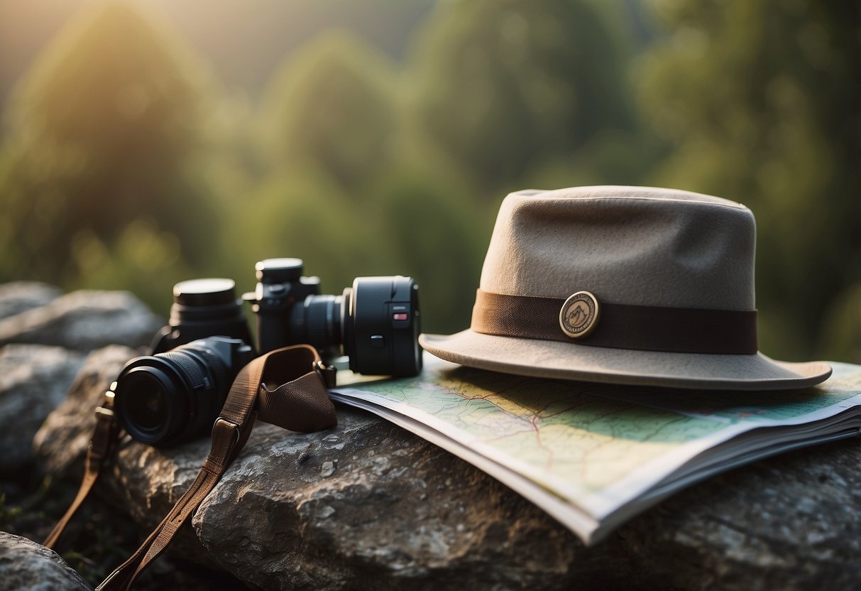 A woman's packable hat rests on a rock, surrounded by geocaching gear and a map, ready for adventure