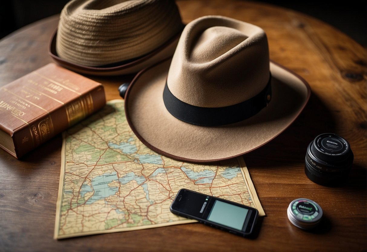 A woman's Victoria hat from Wallaroo Hat Company sits atop a rustic wooden table, surrounded by geocaching equipment and a map of the outdoors