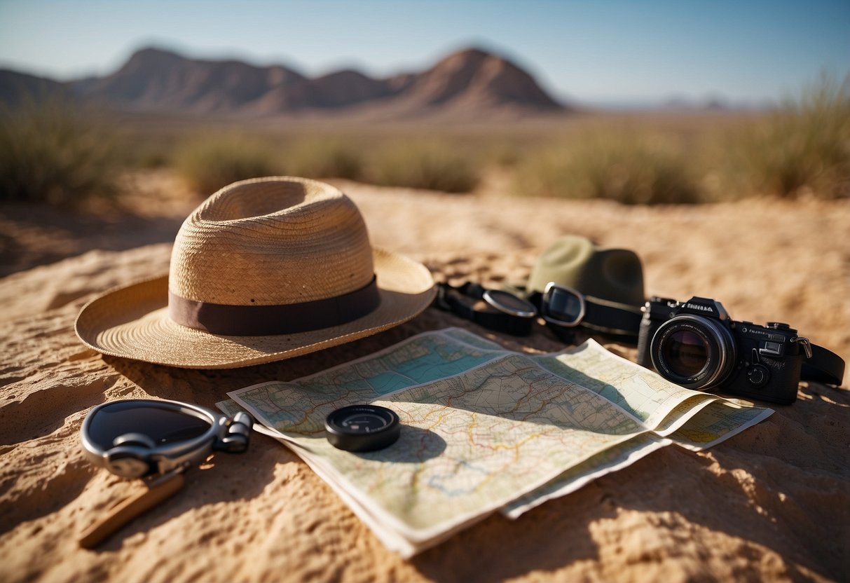 A desert landscape with a woman's hat resting on a rock, surrounded by geocaching equipment and a map. The sun is shining brightly in the sky