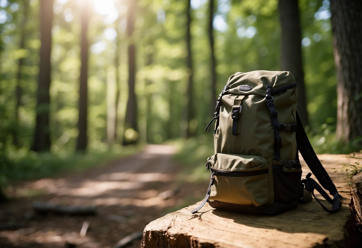 A sunny day in the woods, a woman's hat sits atop a geocaching backpack. Trees and a GPS device are in the background