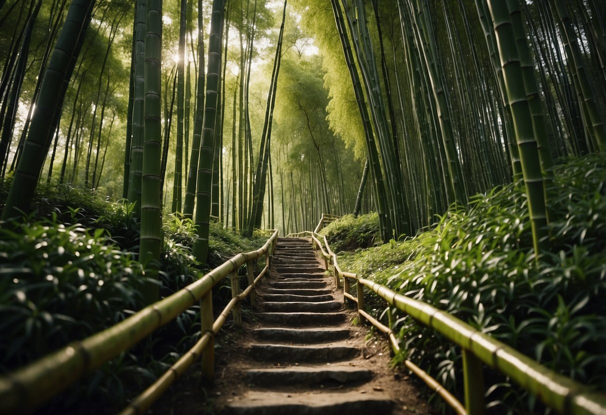 A lush forest path winds through towering bamboo groves, leading to a hidden geocache nestled at the base of a moss-covered rock formation