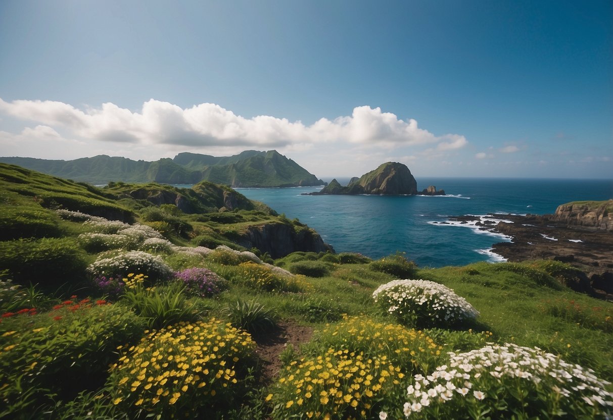 Lush green landscape with rocky coastline, vibrant flowers, and clear blue waters on Jeju Island, South Korea. Numerous geocaching routes wind through the scenic terrain