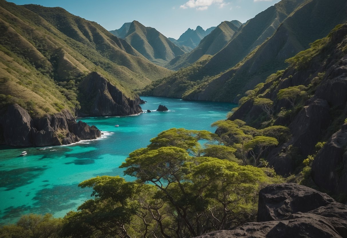 Lush jungle, turquoise waters, and rugged cliffs in Komodo National Park, Indonesia. A geocaching route winds through the stunning landscape