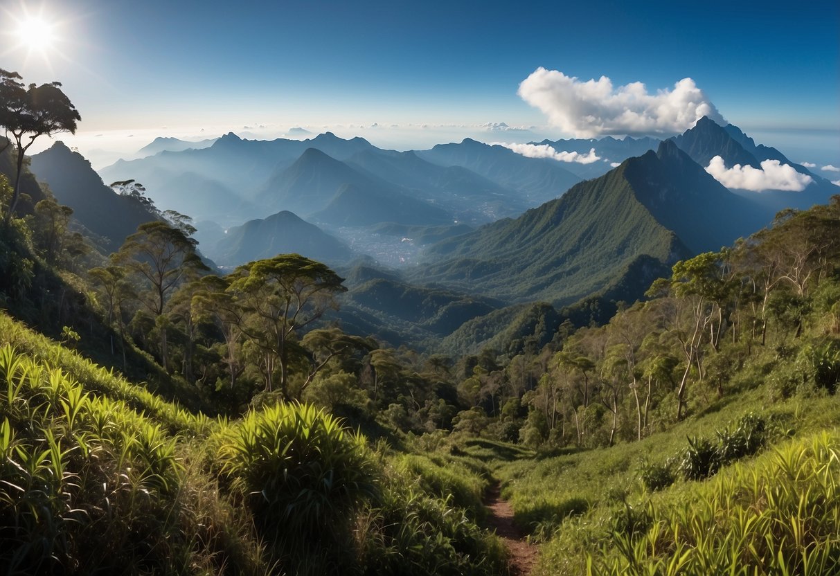 A panoramic view of Mount Kinabalu, with lush greenery and winding trails, set against a clear blue sky and surrounded by mist-covered peaks