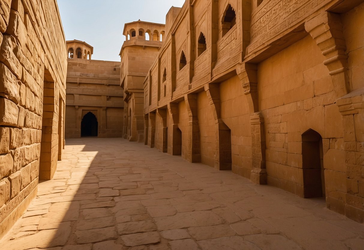 Jaisalmer Fort, India: Ancient sandstone walls stand against a golden desert backdrop, with intricate carvings and winding pathways