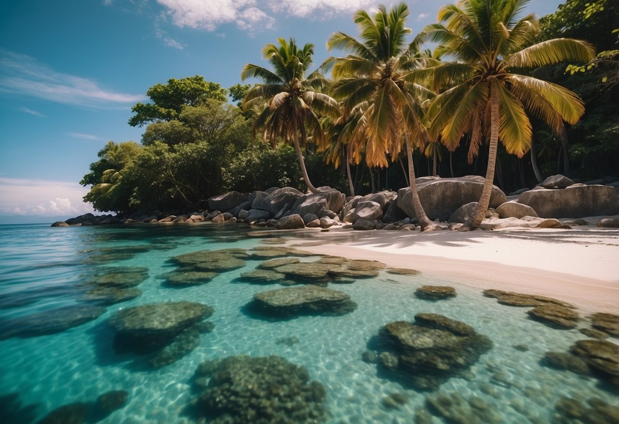 A lush tropical island with crystal-clear waters, surrounded by towering palm trees and vibrant coral reefs, nestled in the heart of the Gili Islands, Indonesia