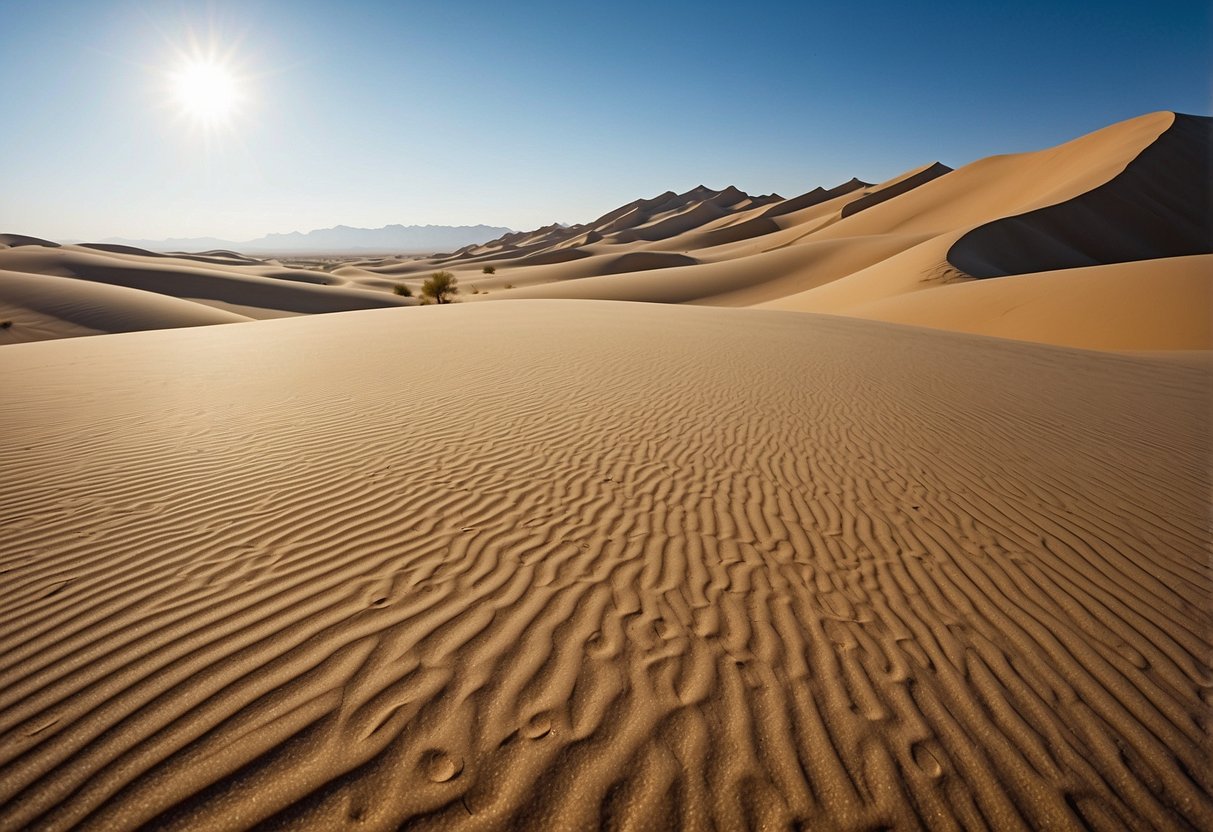 Vast, sandy dunes stretch endlessly under a clear blue sky in the Taklamakan Desert, China. The landscape is dotted with sparse vegetation and occasional rocky outcrops, creating a serene and desolate scene perfect for geocaching adventures