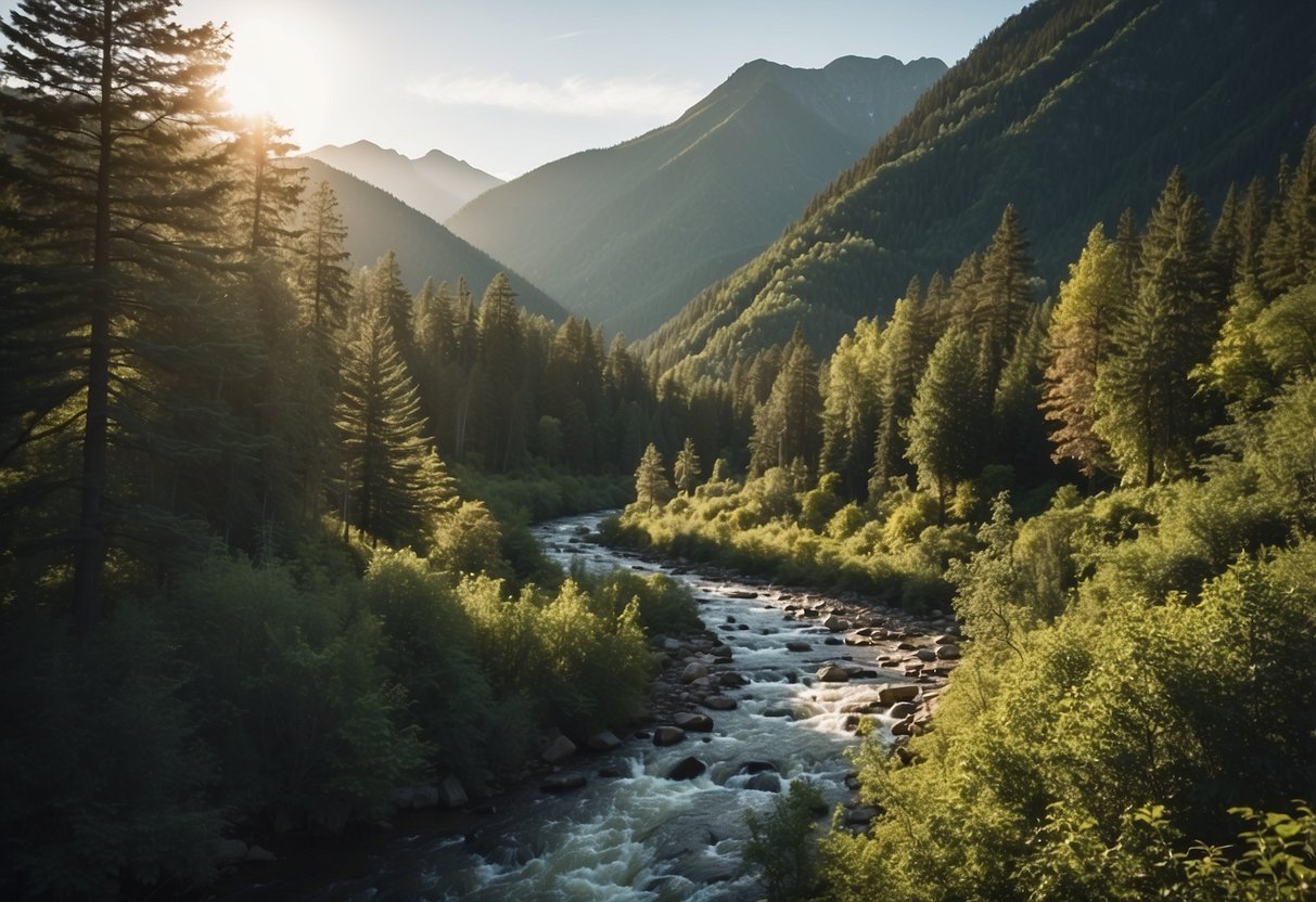 A lush forest with a winding trail, a hidden geocache nestled among vibrant foliage, a serene river flowing nearby, and a majestic mountain backdrop