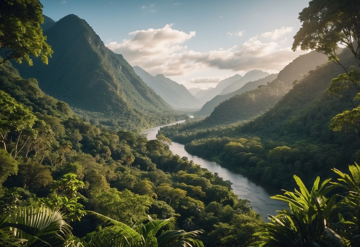 A lush, green jungle with winding trails leading to hidden treasures. Mountains loom in the distance, as a river winds its way through the landscape. Tall, exotic trees and colorful flora dot the scenery