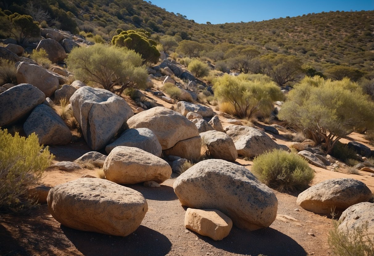 A rocky landscape with hidden treasures, surrounded by lush greenery and clear blue skies at Rocks Reserve, South Australia