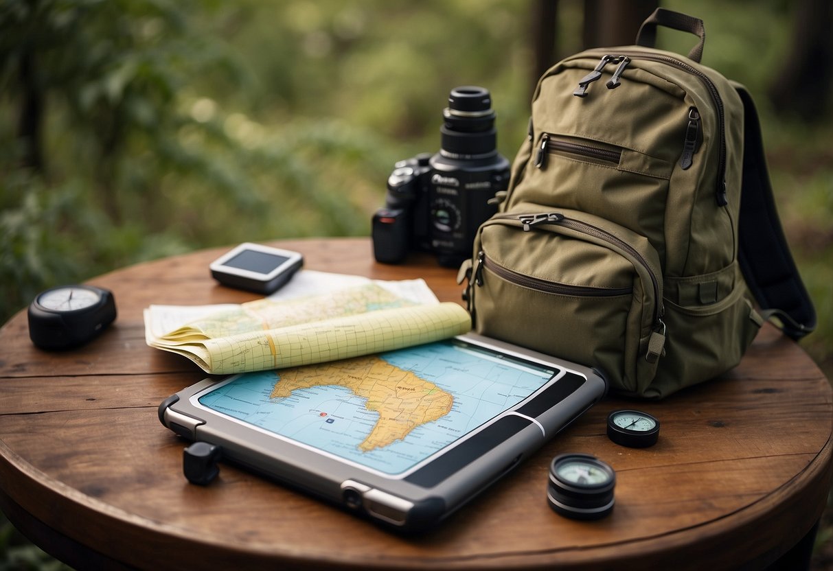 A table with a map of Australia, a GPS device, a backpack, a compass, and a notebook with geocaching destinations listed