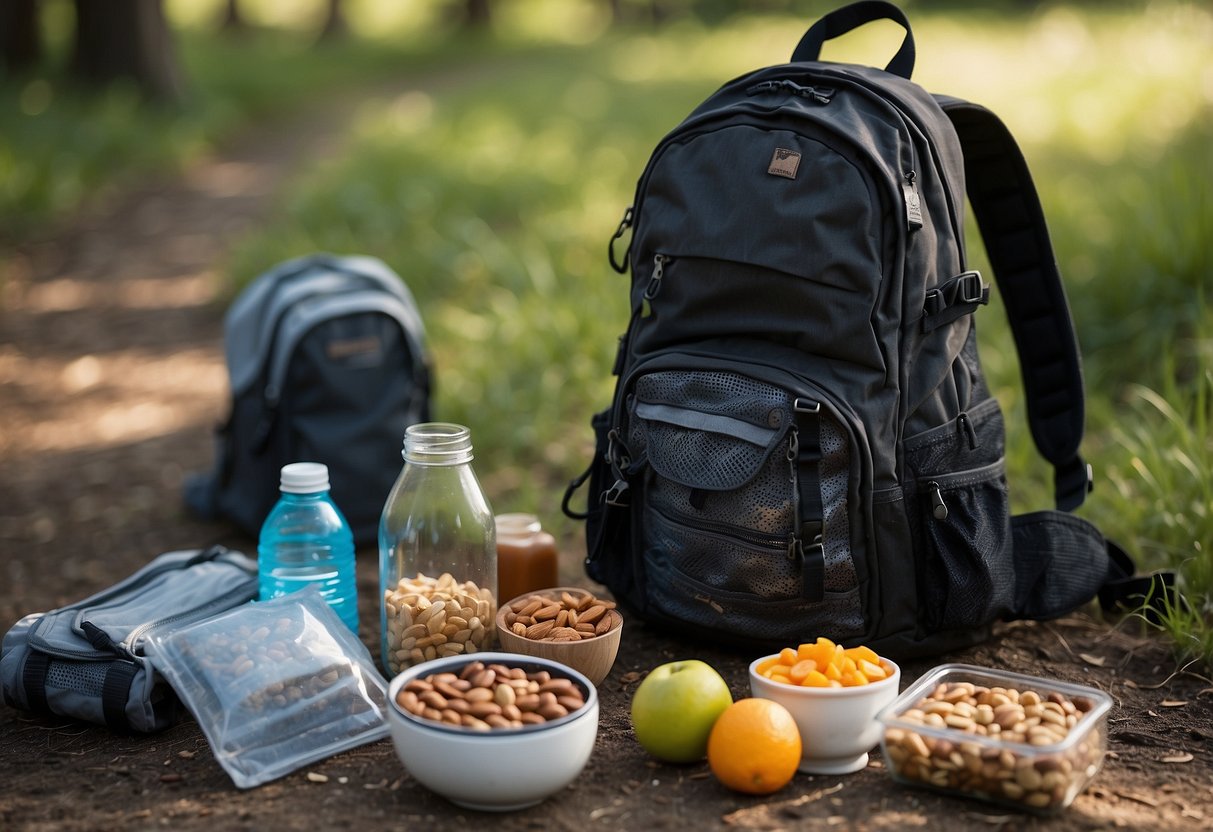 A backpack open on the ground, filled with containers of trail mix, energy bars, fruit, and water bottles. A map and compass lay nearby