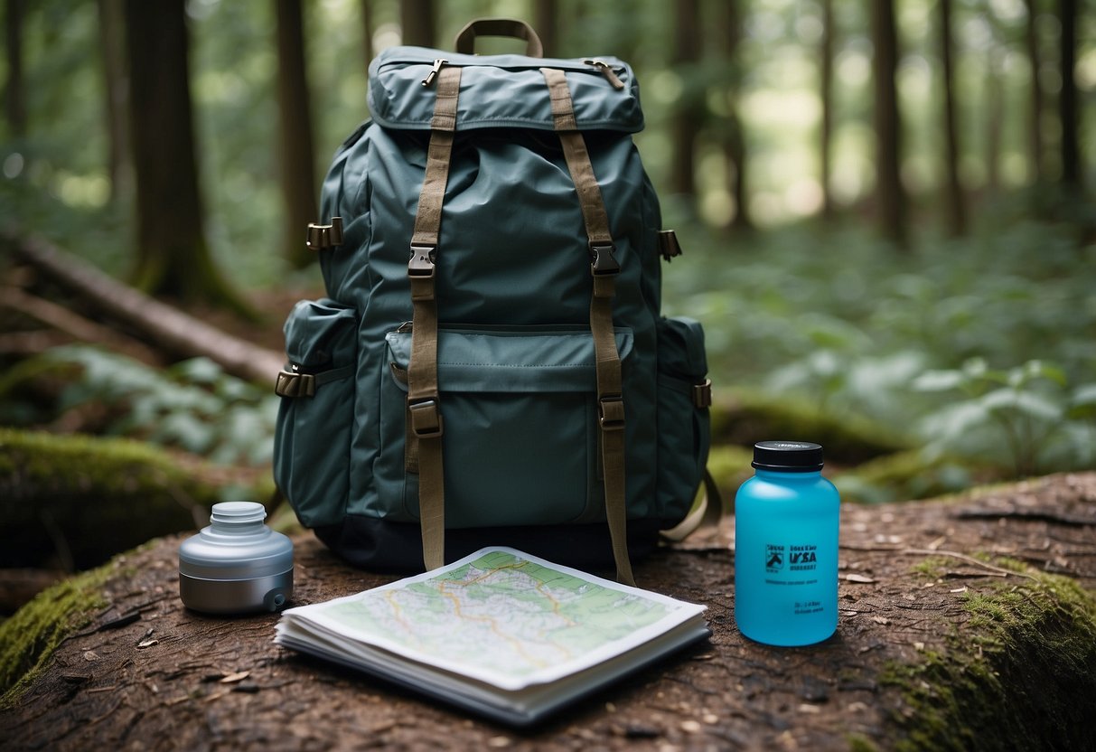 A backpack with trail mix energy bars, water bottle, and map laid out on a rock in a forest clearing. Surrounding trees and a hint of a trail in the background