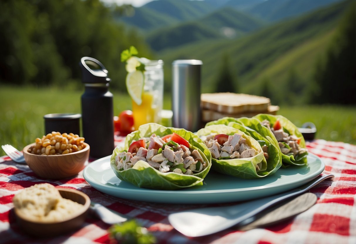 A picnic blanket spread with ten tuna salad wraps, surrounded by geocaching gear and a scenic outdoor backdrop