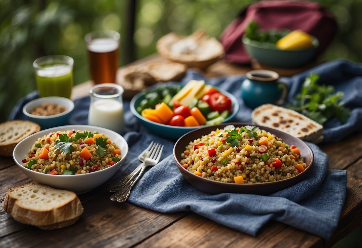 A picnic blanket spread with colorful quinoa and veggie bowls, surrounded by hiking gear and a map, set against a backdrop of lush greenery