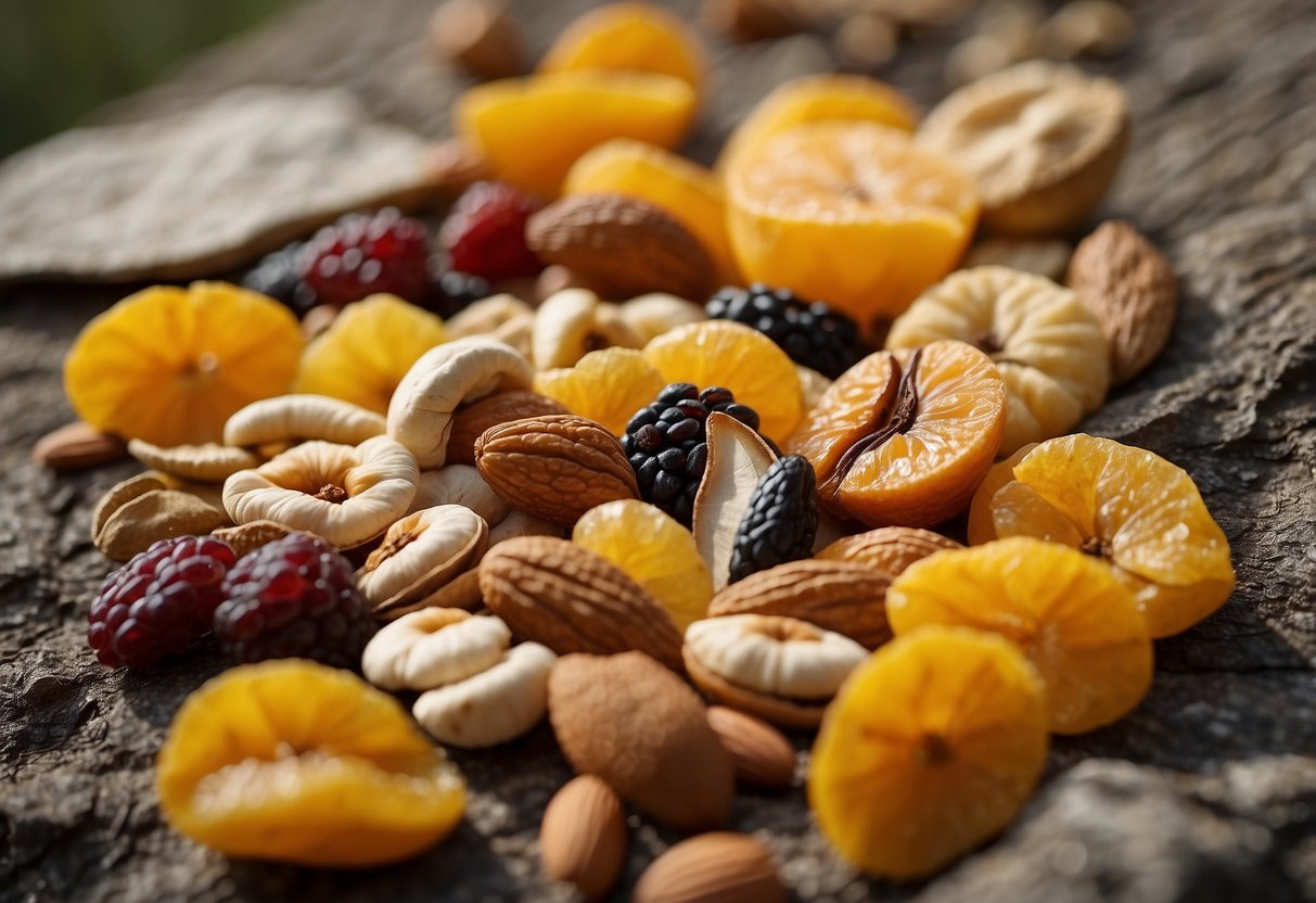 A colorful assortment of dried fruits, nuts, and seeds scattered on a trail, surrounded by hiking gear and a map