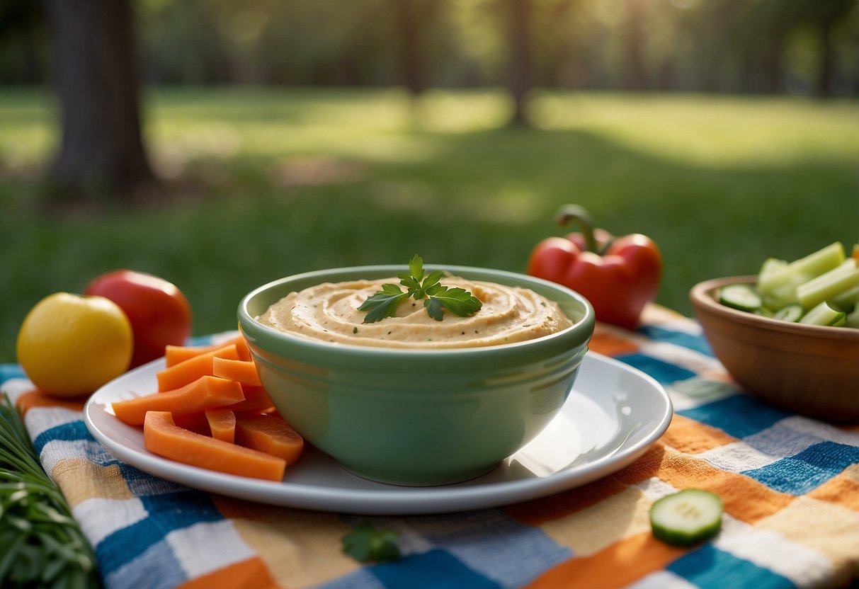 A bowl of hummus sits next to a plate of colorful veggie sticks on a checkered picnic blanket in a lush green outdoor setting