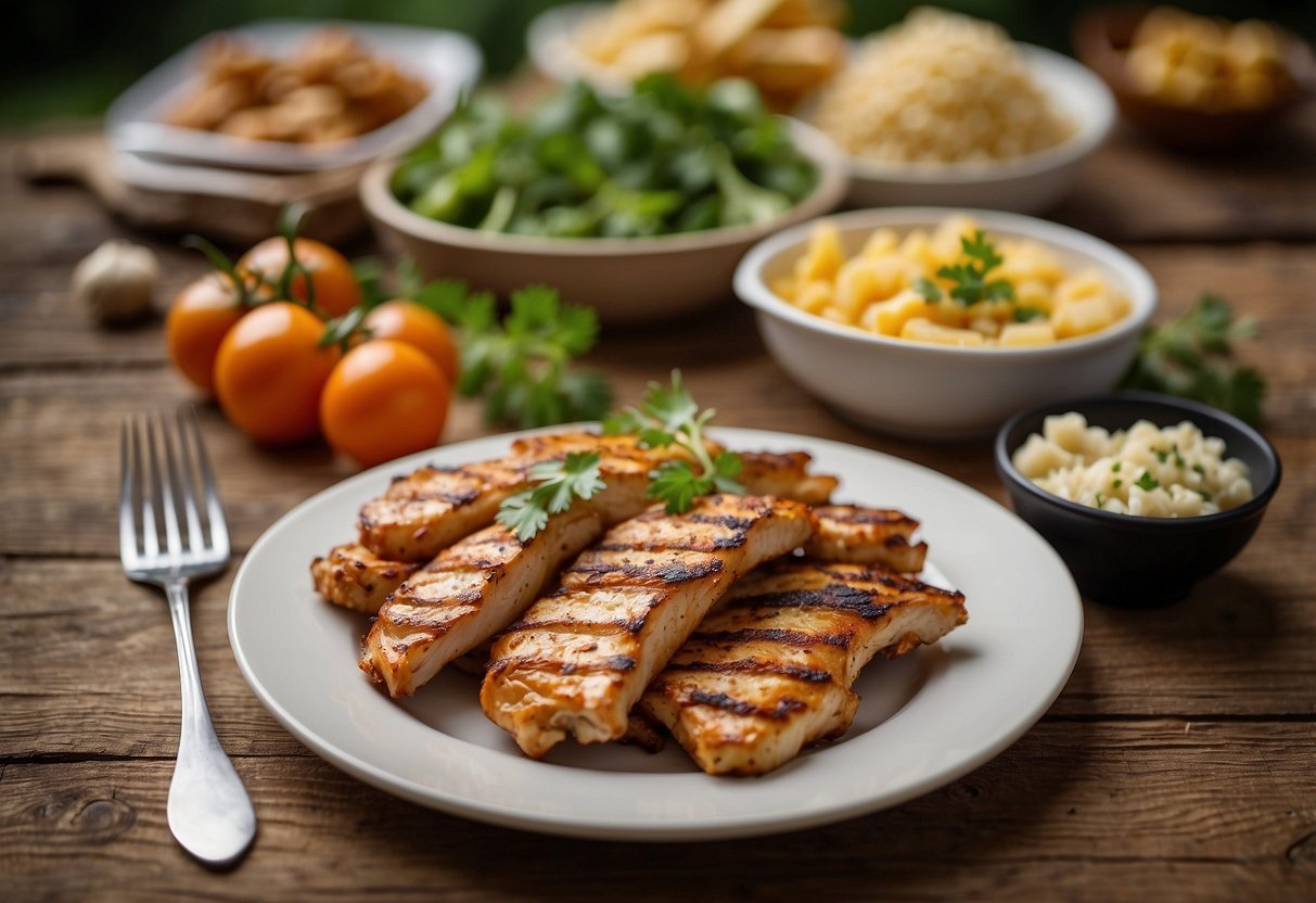 Grilled chicken strips on a plate, surrounded by lightweight and nutritious meal items. A map, compass, and geocaching gear nearby