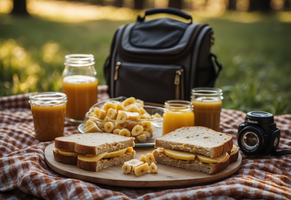 A picnic blanket with a variety of lightweight and nutritious meal options spread out, including peanut butter banana sandwiches, surrounded by geocaching equipment and natural scenery