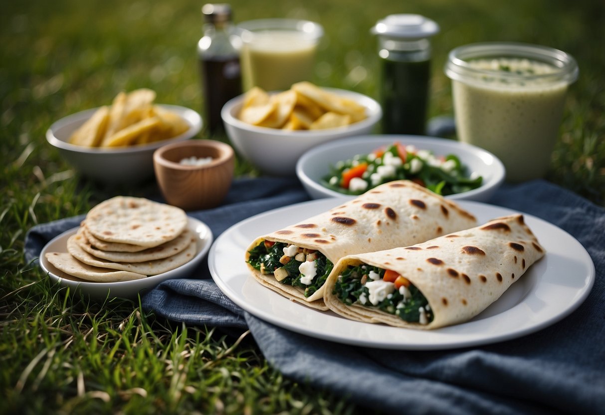 A picnic blanket spread out on lush green grass, with a variety of lightweight and nutritious meals laid out, including spinach and feta stuffed pitas, ready to be enjoyed on a geocaching trip