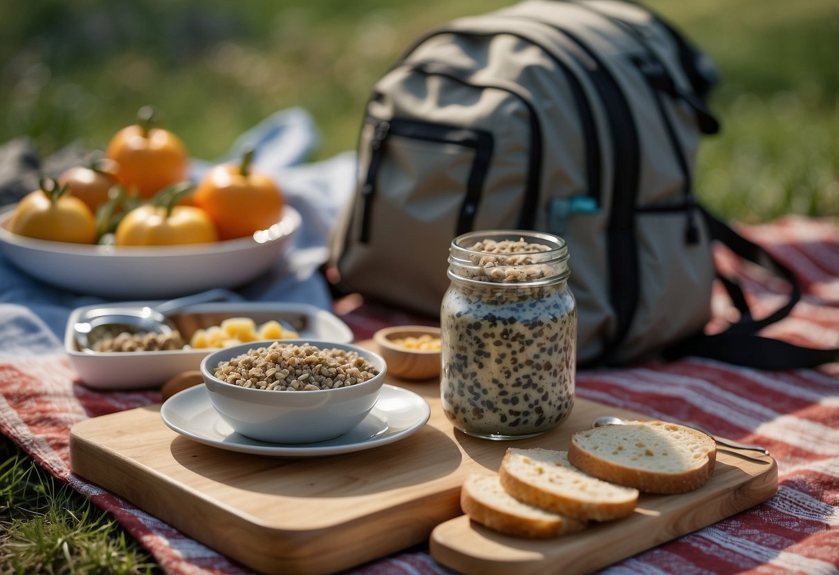 A small jar of chia seed pudding sits on a picnic blanket next to a backpack and a map, surrounded by lightweight and nutritious snacks for a geocaching trip