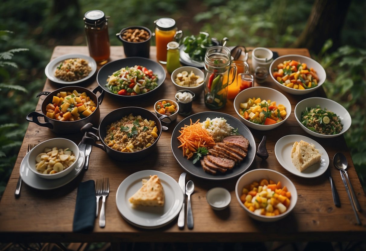 A table set with 10 colorful and varied lightweight meals, surrounded by nature and geocaching gear