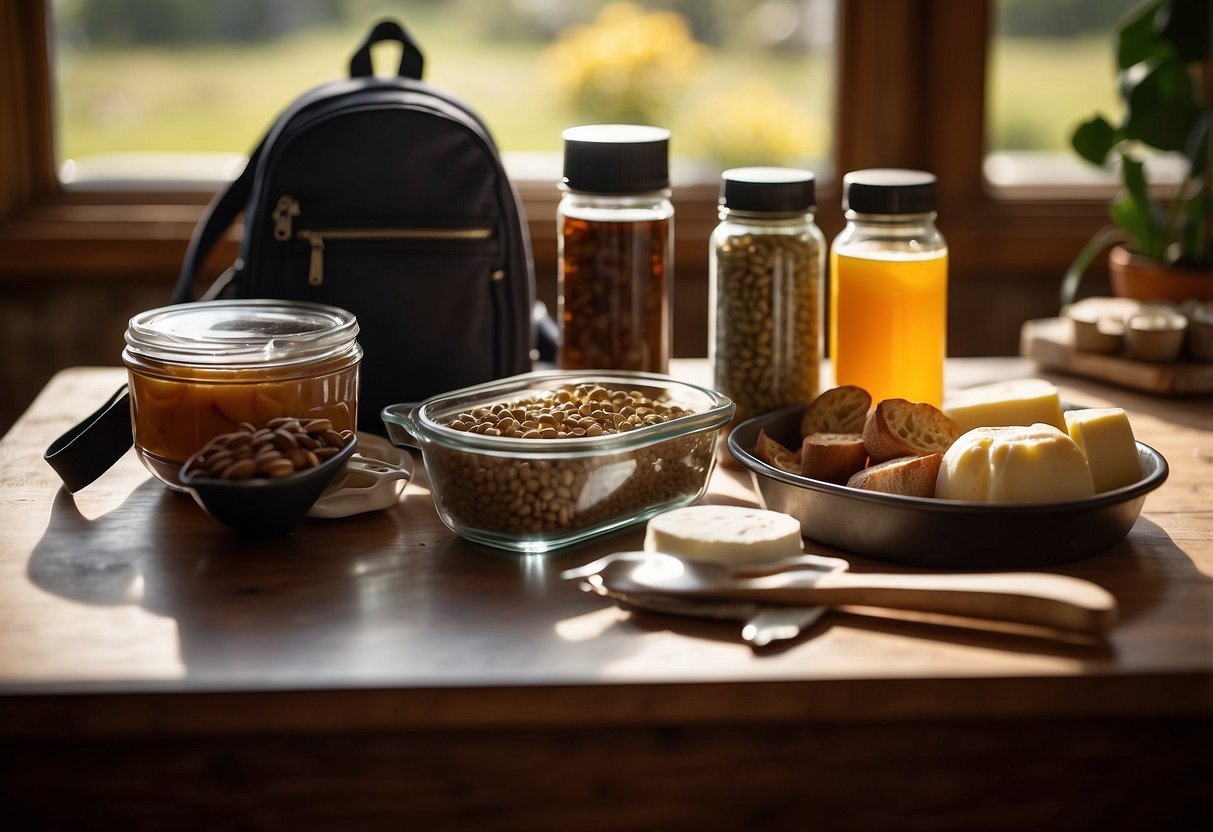 Ingredients and utensils laid out on a table. Backpack and containers ready for packing. Sunlight streaming in through a window. Map and compass nearby