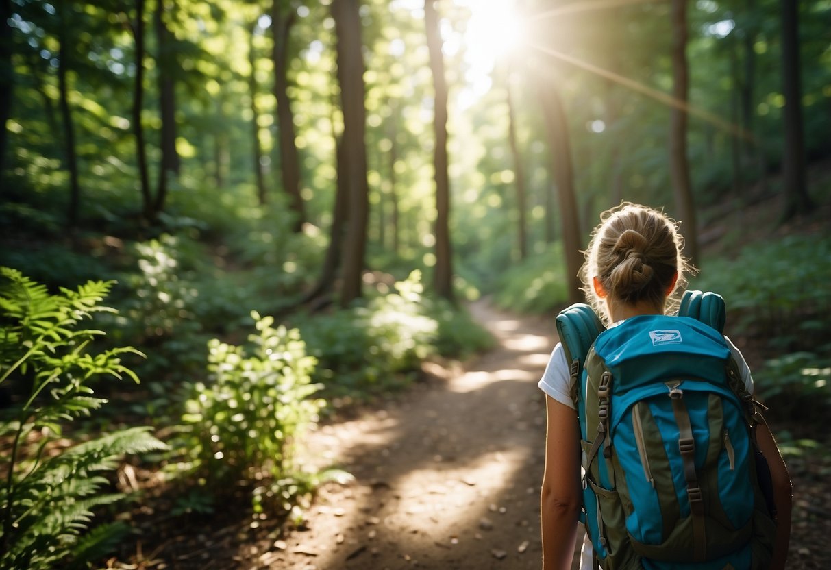 Hiking trail with lush green trees, clear blue skies, and a winding path. A backpack with water bottle, healthy snacks, and hiking boots. Sun shining down on the trail