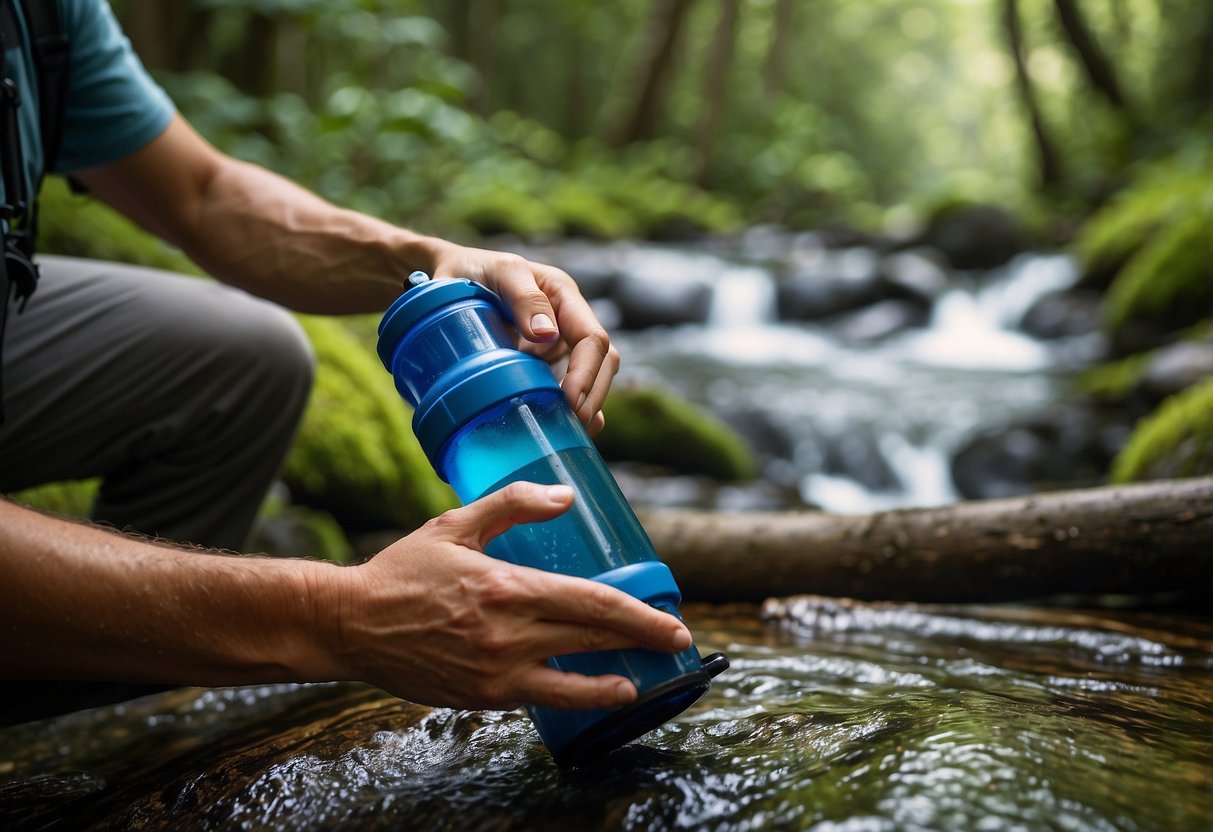 A hiker uses a water filter near a flowing stream, surrounded by lush greenery and tall trees. The filter is being used to fill a water bottle, emphasizing the importance of staying hydrated on the trail