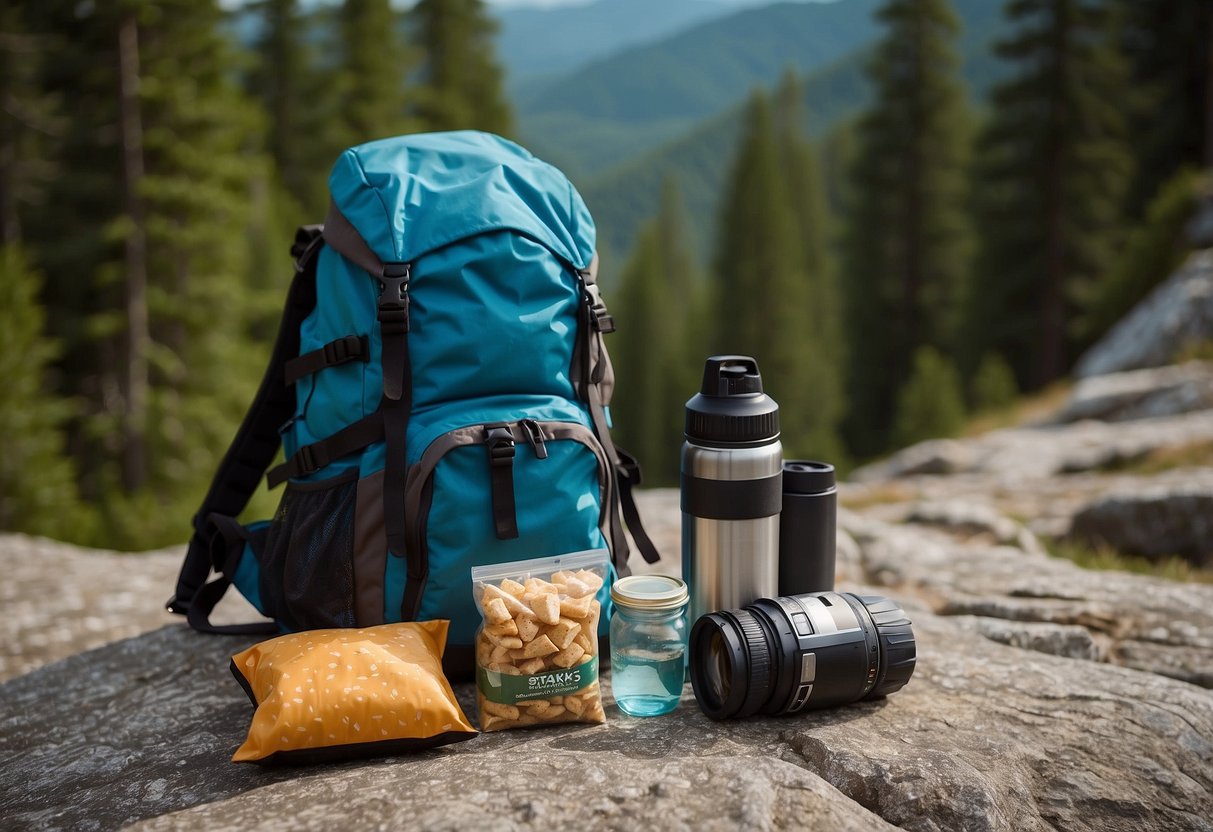 A backpack with energy-dense snacks, water bottle, map, and hiking boots laid out on a rocky trail. Surrounding trees and mountains in the background