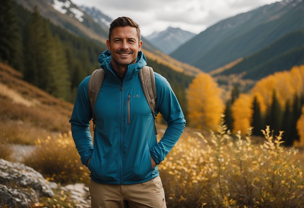 A hiker wearing moisture-wicking layers, with a base layer, mid-layer, and outer shell, standing on a trail with trees and mountains in the background