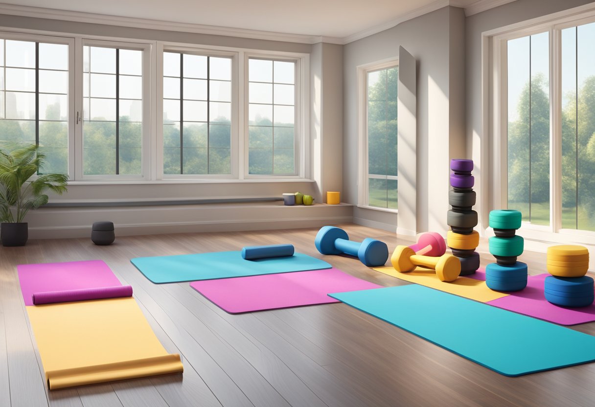 A set of dumbbells, resistance bands, and a yoga mat arranged neatly in a bright, spacious room with large windows