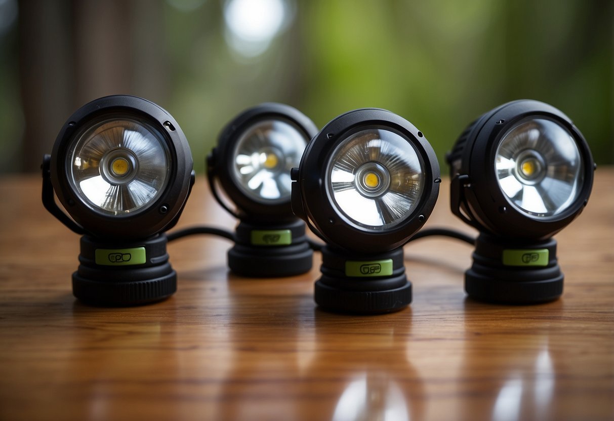 A group of 5 lightweight headlamps arranged neatly on a table, with each one showcasing its unique features for geocaching