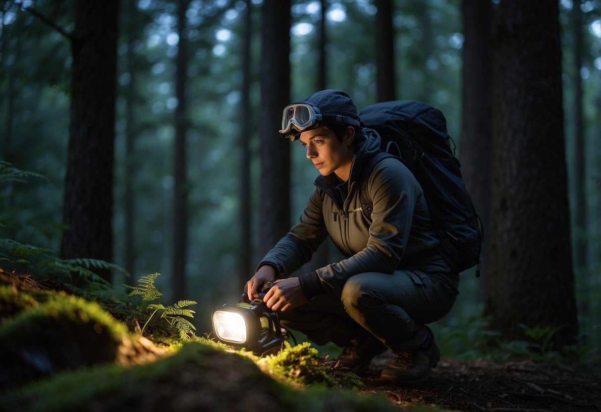 A person wearing a Black Diamond Spot Lite 200 headlamp, searching for geocaches in a dark forest. The headlamp emits a bright, focused beam, illuminating the surrounding trees and ground