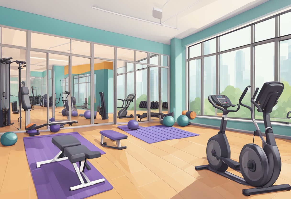 A gym with various exercise machines and free weights, yoga mats, and resistance bands neatly organized for women over 50