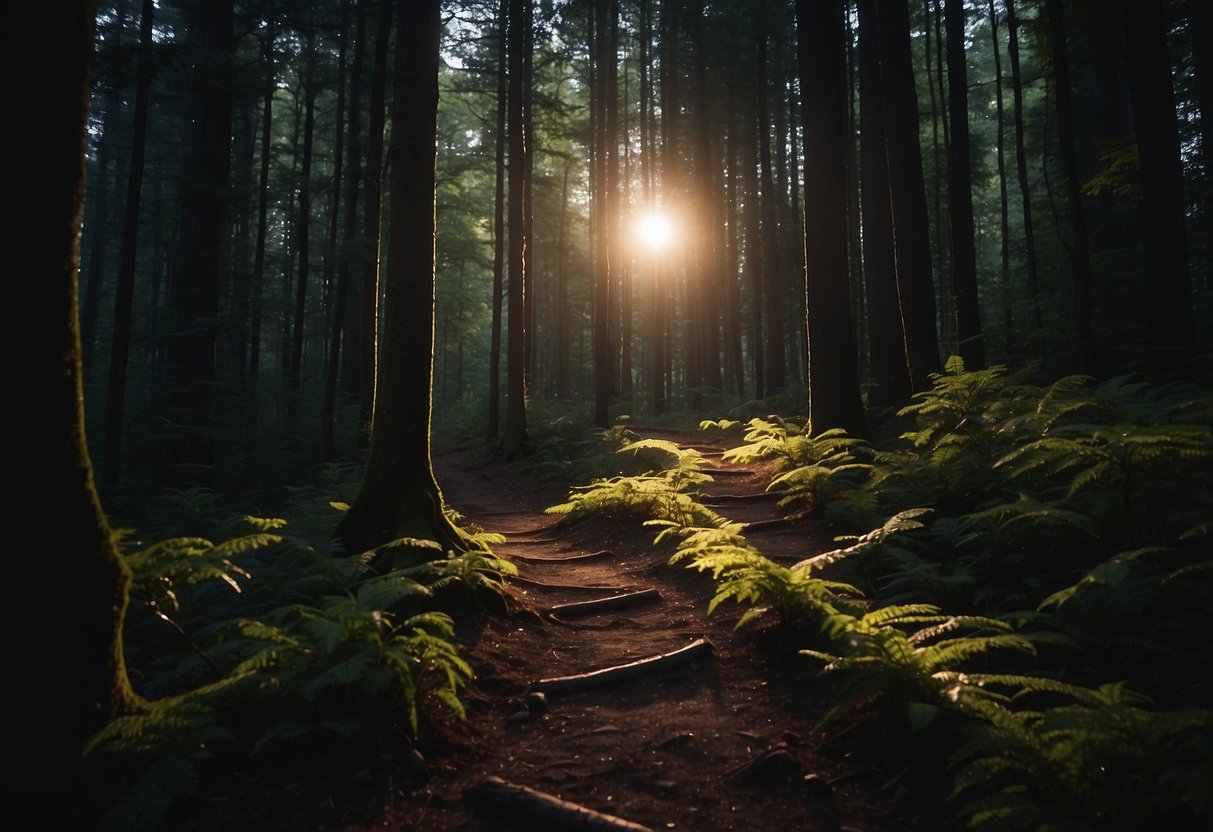 A dark forest with a winding trail, illuminated by the bright beam of a Nitecore NU25 headlamp. Trees and bushes cast long shadows as the light cuts through the night, perfect for geocaching