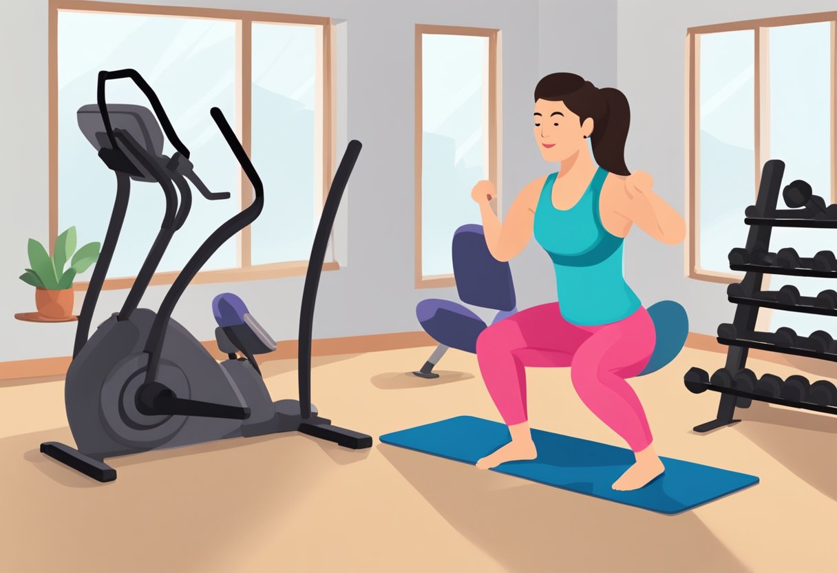 A woman over 50 browses through exercise equipment in a home gym, considering options such as dumbbells, resistance bands, and yoga mats